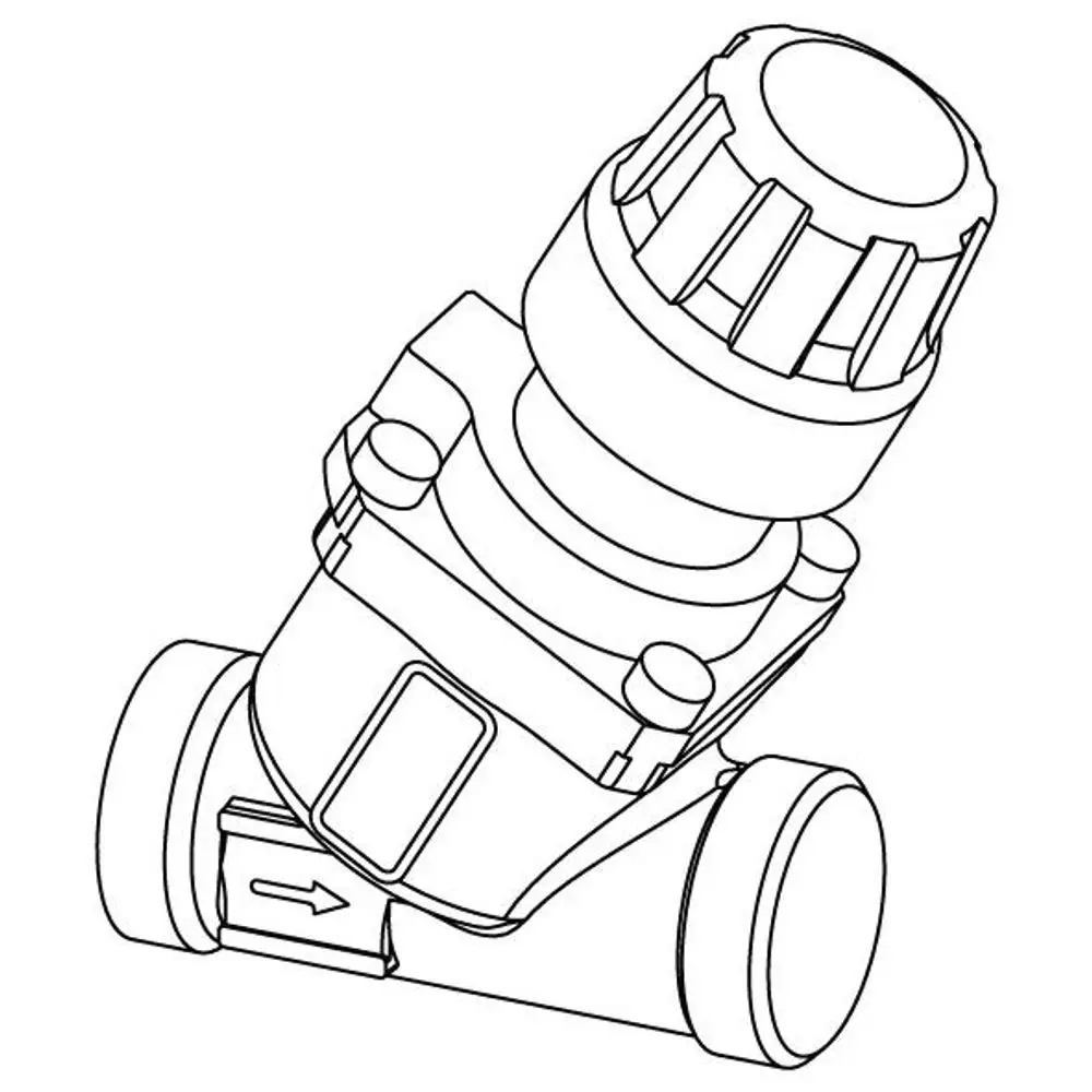 Volumenstromregler von Uponor in schematischer Darstellung, mit einem rotierenden Oberteil und einer Einlassmarkierung. Kompakte Bauweise für die Regelung von Strömungsvolumen.